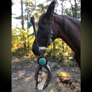 Carved Bone Horse w Turquoise & Deer Lace Talisman | One-Of-A-Kind Necklace Pendant Necklace Objects of Beauty Southwest 