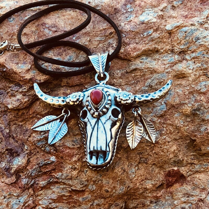 Carved Bone Longhorn Skull w Silver Feathers & Coral Teardrop | Spirit Animal Collection Objects of Beauty Southwest 