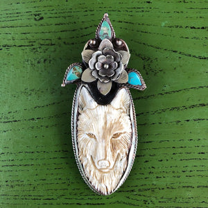 Carved Bone She-Wolf w Floral Turquoise Details Pendant Necklace | Yellowstone Wolf Necklace Objects of Beauty Southwest 