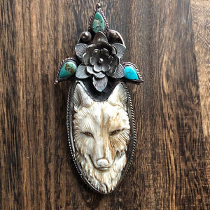 Carved Bone She-Wolf w Floral Turquoise Details Pendant Necklace | Yellowstone Wolf Necklace Objects of Beauty Southwest 