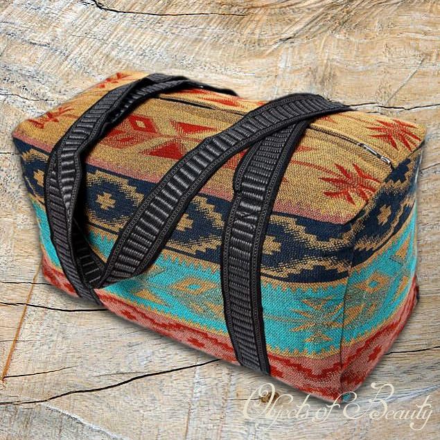 Dakota Southwestern Boho Aztec Large Weekender Duffel Bag Handwoven 100%  Leather Handles