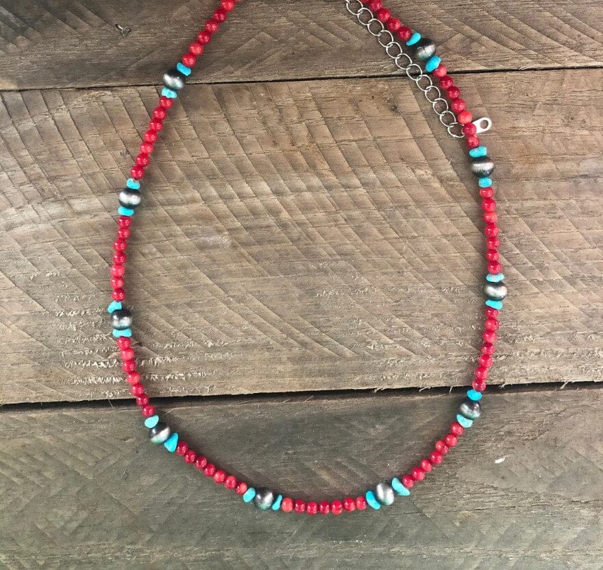 Coral & Kingman Turquoise w Navajo Pearl Necklace | Yellowstone Spirit Southwestern Collection Choker Necklace Objects of Beauty Southwest 