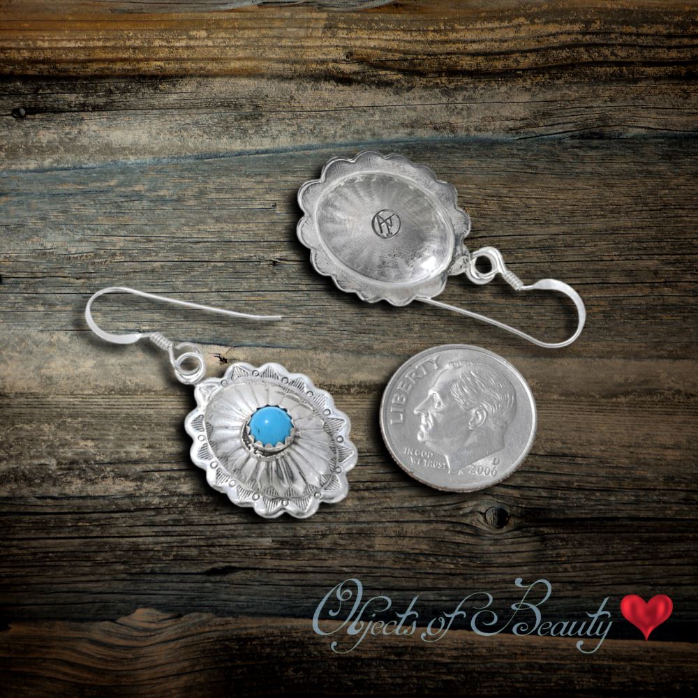 Darling Silver Oval Concho Earrings w Turquoise Stone Earrings Objects of Beauty Southwest 