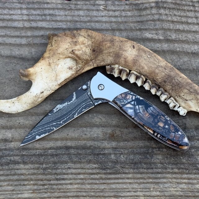 Woolly Mammoth Bone and Damascus Steel Pocket Knife