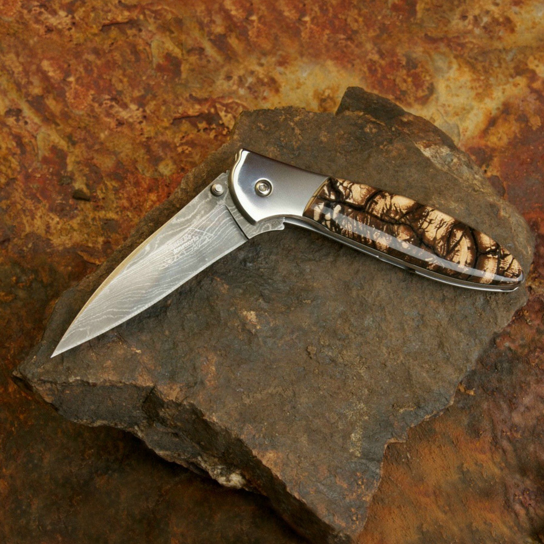 Fossilized Woolly Mammoth Kershaw Leek 4" Knife w Black Damascus Blade USA | Yellowstone Spirit Collectible Knives Santa Fe Stoneworks 
