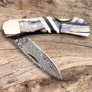 Fossilized Woolly Mammoth Tusk 3 Inch Knife w Damascus Blade | Santa Fe Stoneworks Knives Santa Fe Stoneworks 