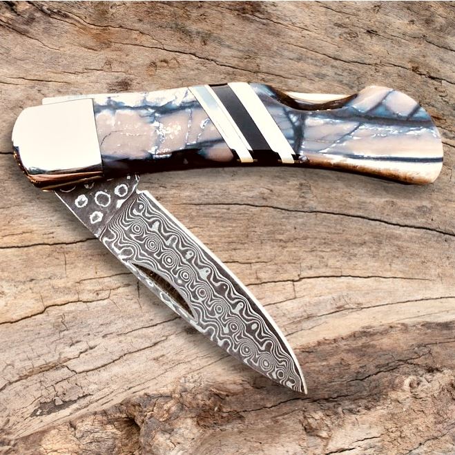 Woolly Mammoth Tusk and Damascus Steel Folding Pocket Knife (VERY