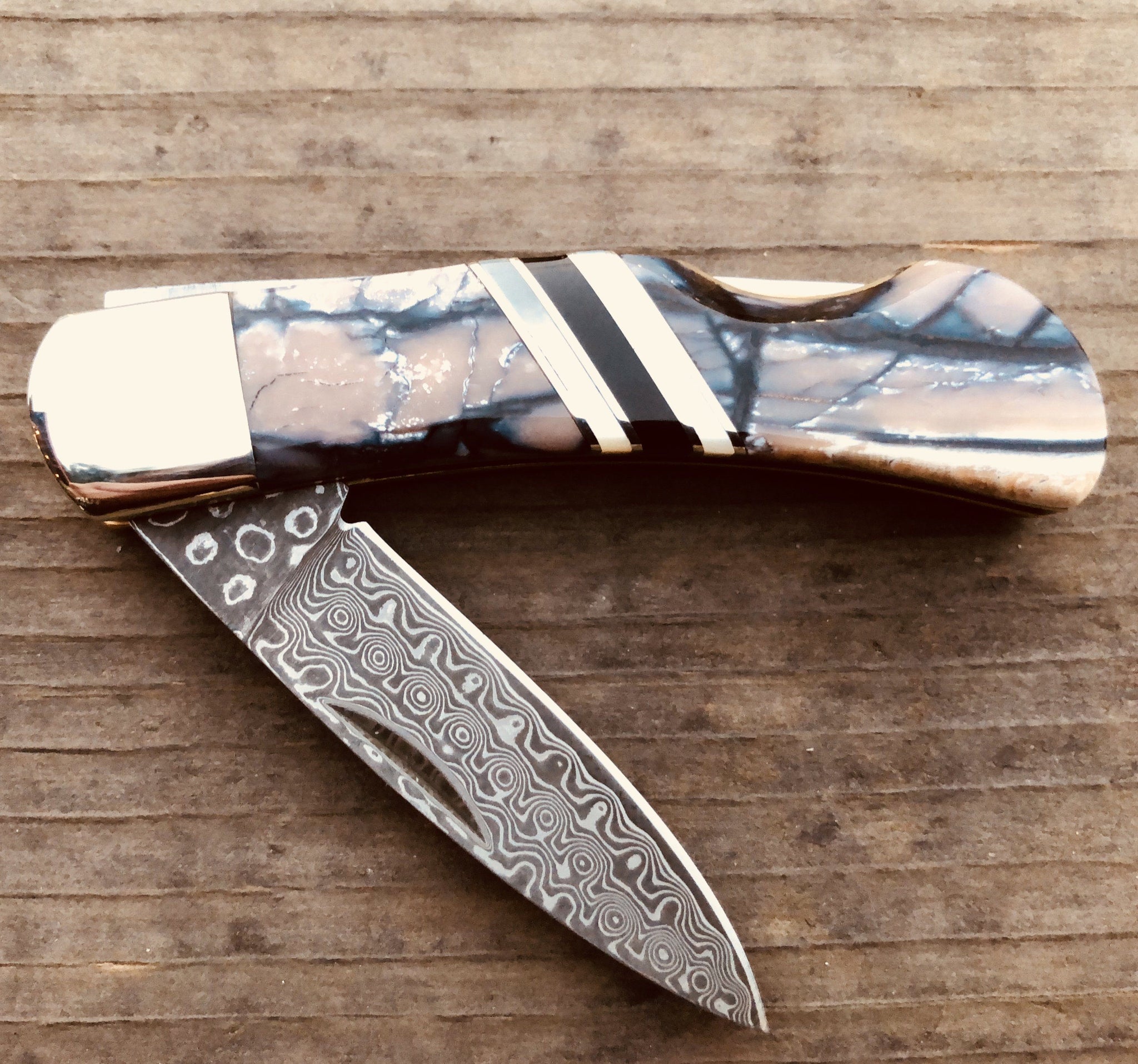 Woolly Mammoth Tusk and Damascus Steel Folding Pocket Knife (VERY
