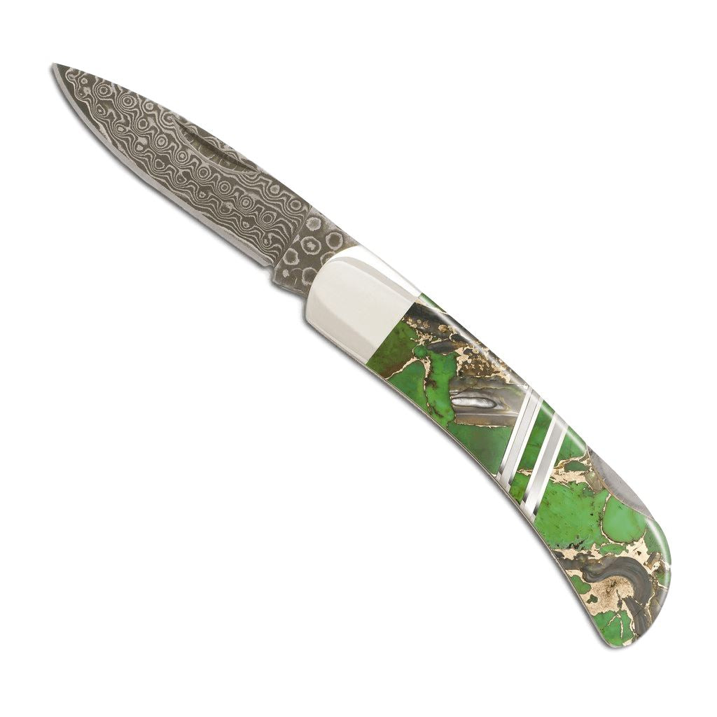 Green Turquoise 3" Damascus Knife w Bronze Matrix | Santa Fe Stoneworks Knives Santa Fe Stoneworks 