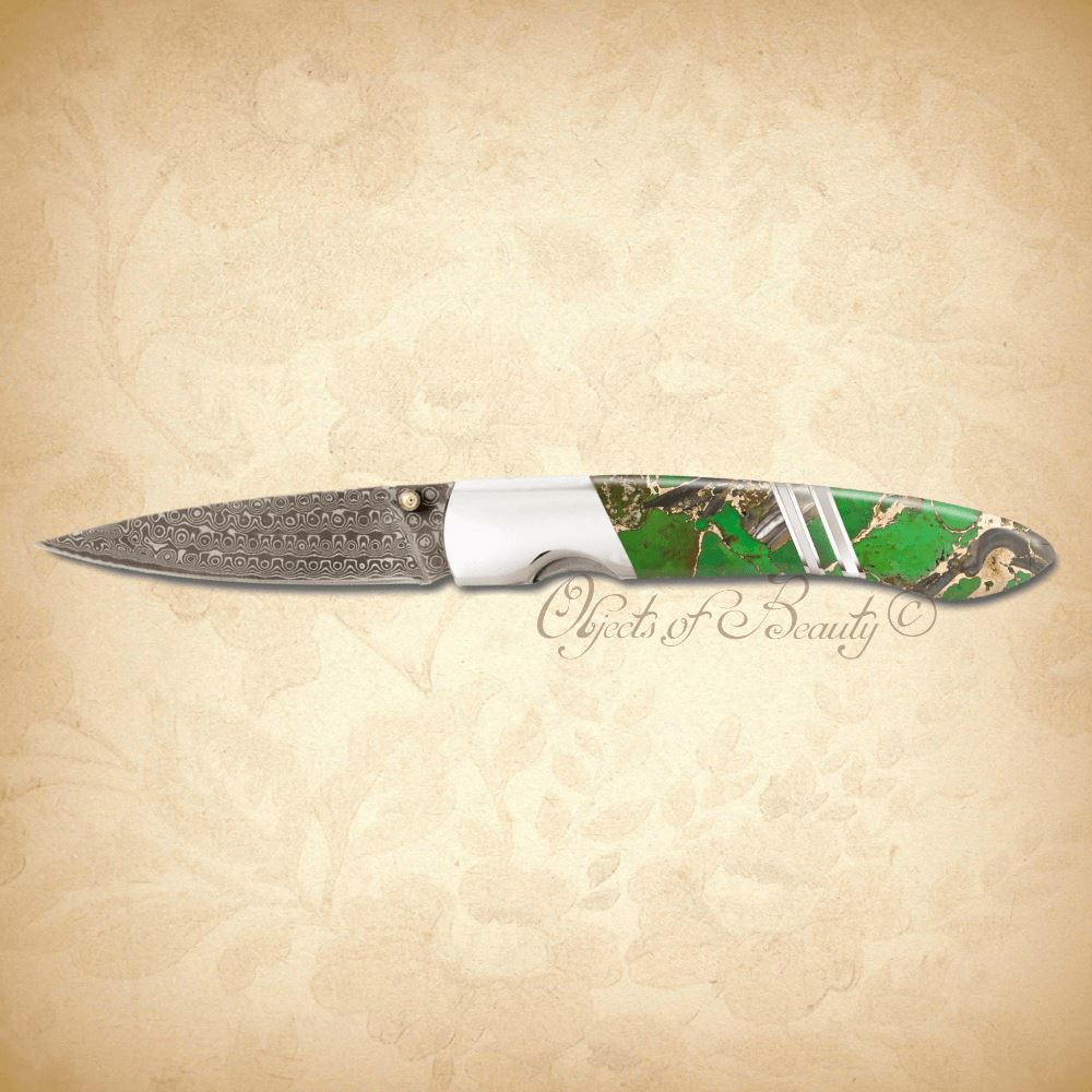 Green Turquoise 4" Knife w/ Damascus | Santa Fe Stoneworks Knives Santa Fe Stoneworks 