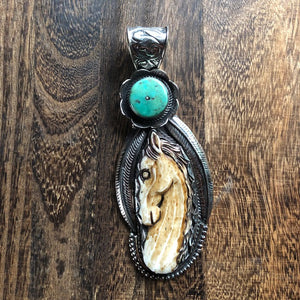 Horse Pendant Carved Bone w Turquoise Disc Large | Yellowstone Collection Necklaces Objects of Beauty Southwest 