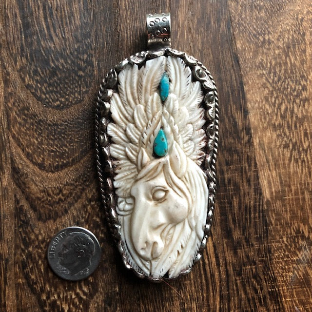 Horse with Feathered Halo Turquoise Teardrops Pendant Necklace Turquoise Necklace Objects of Beauty Southwest 