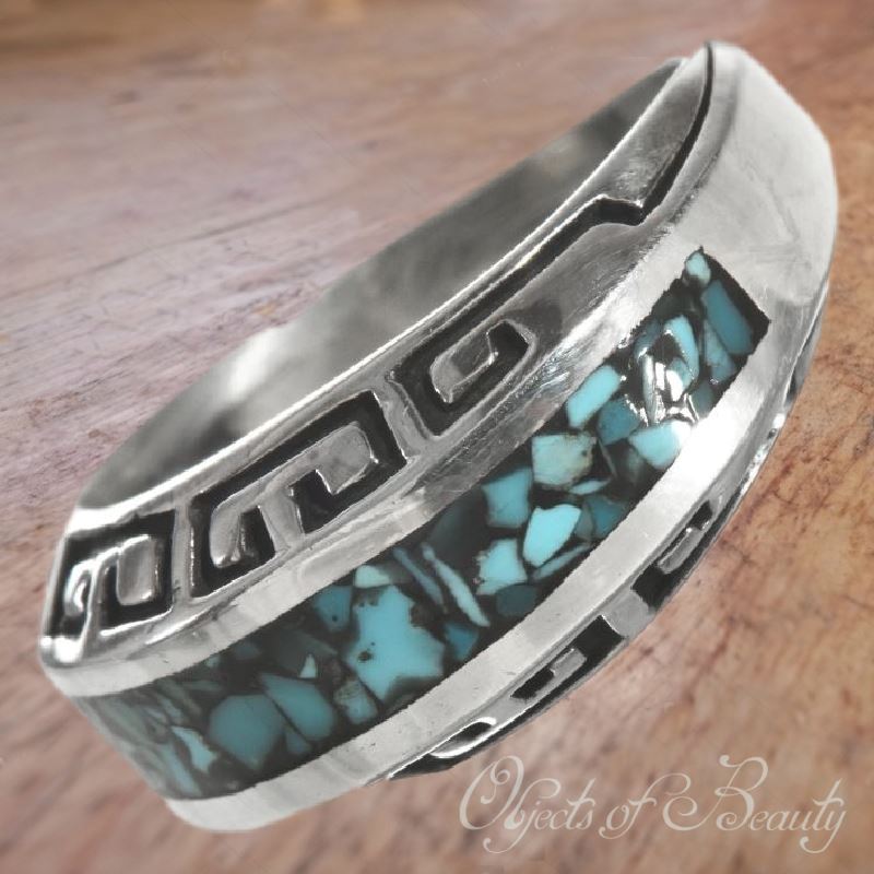 Inlaid Hopi Pattern Turquoise Ring ~ Navajo Made Turquoise Ring Objects of Beauty 