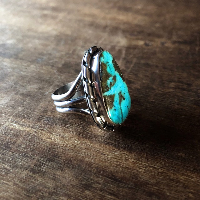 Kingman Turquoise Silver Pear Shaped Ring | Yellowstone Collection Turquoise Ring Objects of Beauty Southwest 