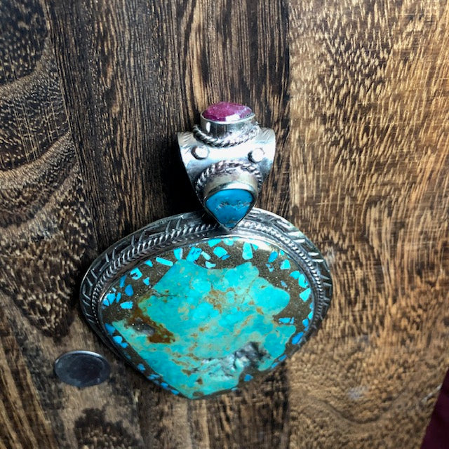 Large Natural Turquoise Pendant Necklace w Ruby Stud | Yellowstone Collection Charms & Pendants ObjectsOfBeauty Southwest 