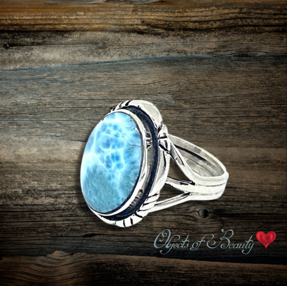 Larimar Crystal Cloud Blue Man's or Woman's Ring in Sterling | Navajo Made Turquoise Ring Objects of Beauty Southwest 