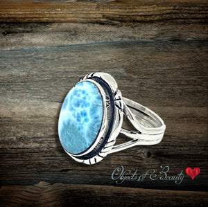 Larimar Crystal Cloud Blue Man's or Woman's Ring in Sterling | Navajo Made Turquoise Ring Objects of Beauty Southwest 