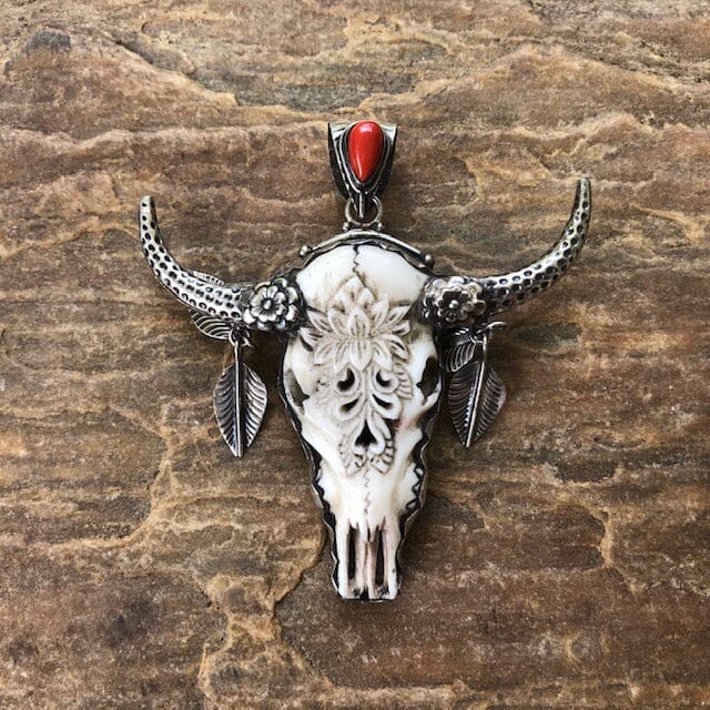 Longhorn Skull w Carved Lotus, Coral Drop and Silver Feathers Talisman | Yellowstone Spirit Southwestern Collection Pendant Necklace ObjectsOfBeauty Southwest 