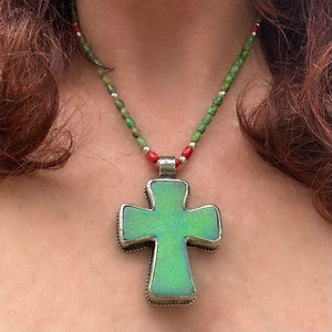 Magical Green Howlite Cross w Green Turquiose & Coral Necklace | Yellowstone Spirit Southwestern Collection Turquoise Necklace Objects of Beauty Southwest 