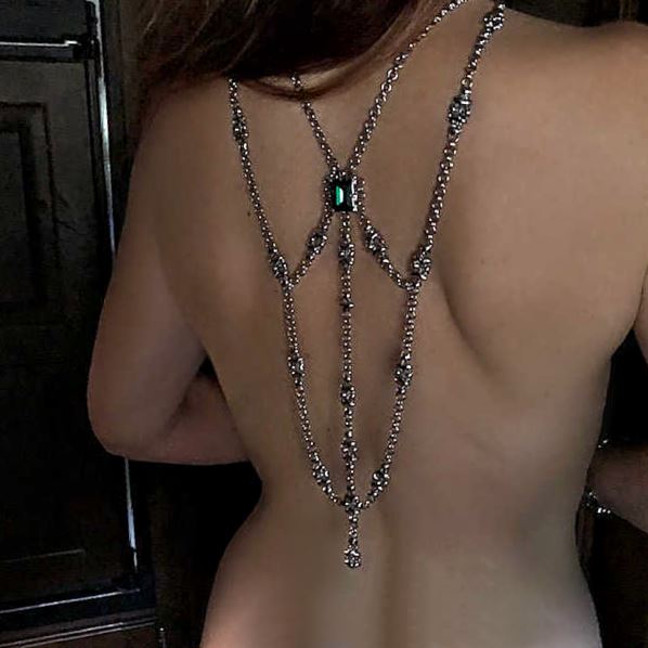 Midnight in Tangier Slinky Chain Necklace w Emerald Crystal Necklaces Sergio Gutierrez Liquid Metal Jewelry 