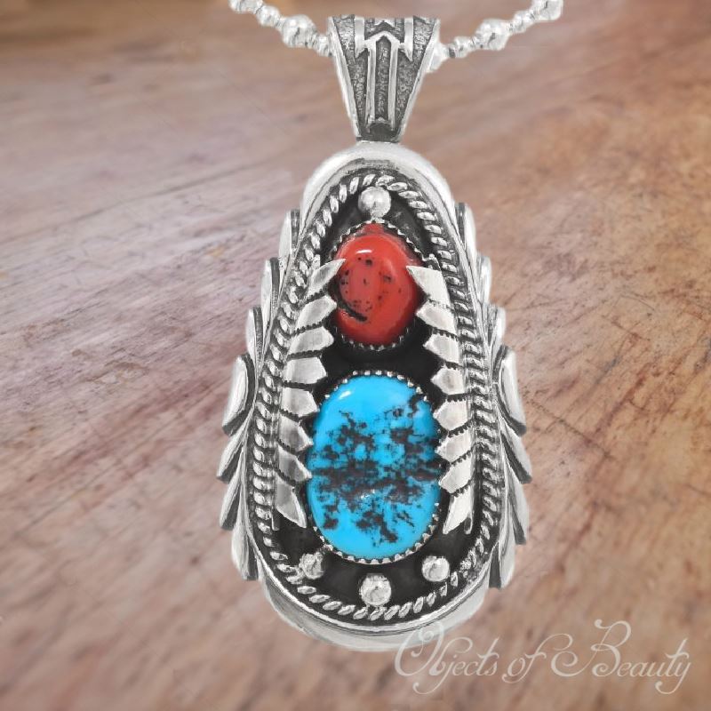Native American Kingman Turquoise Coral Silver Pendant Necklace