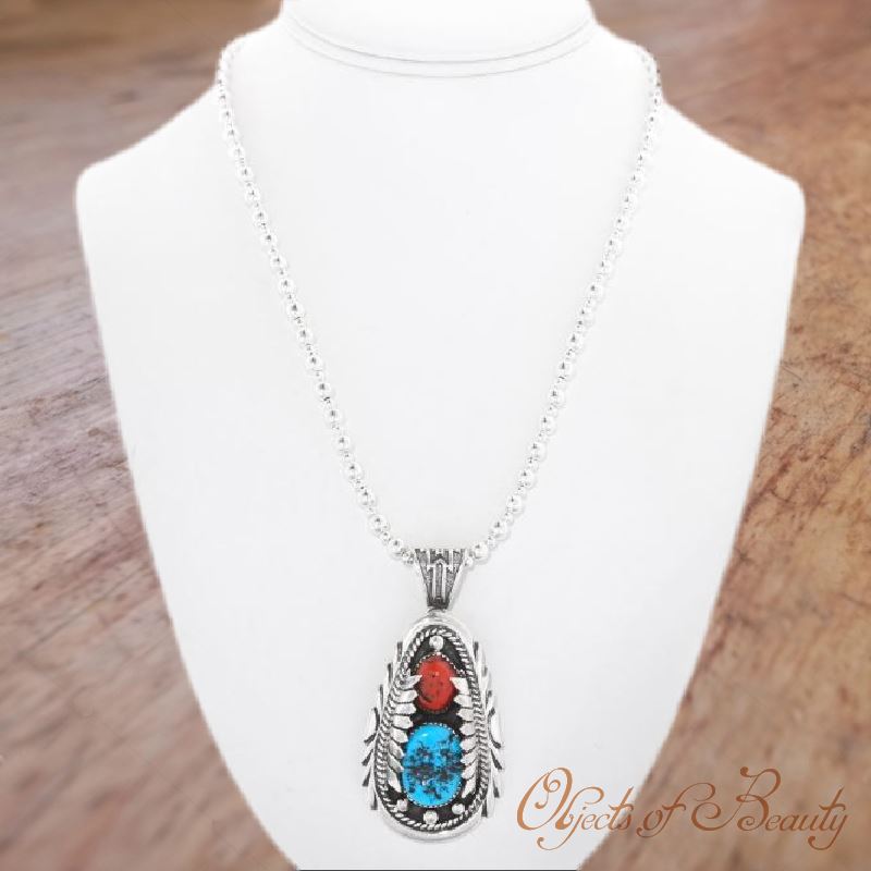Native American Kingman Turquoise Coral Silver Pendant Necklace Necklaces Objects of Beauty 