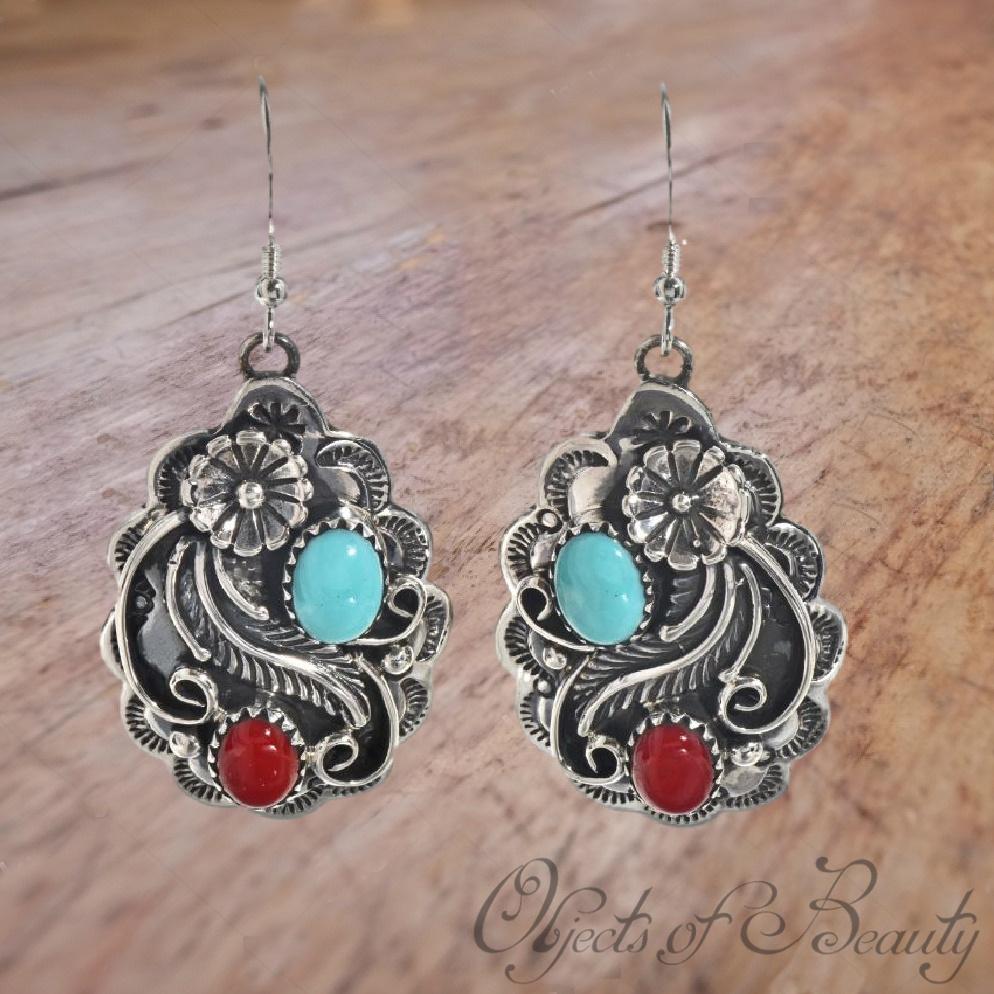 Native American Turquoise Coral Silver Dangle Earrings Earrings Objects of Beauty 