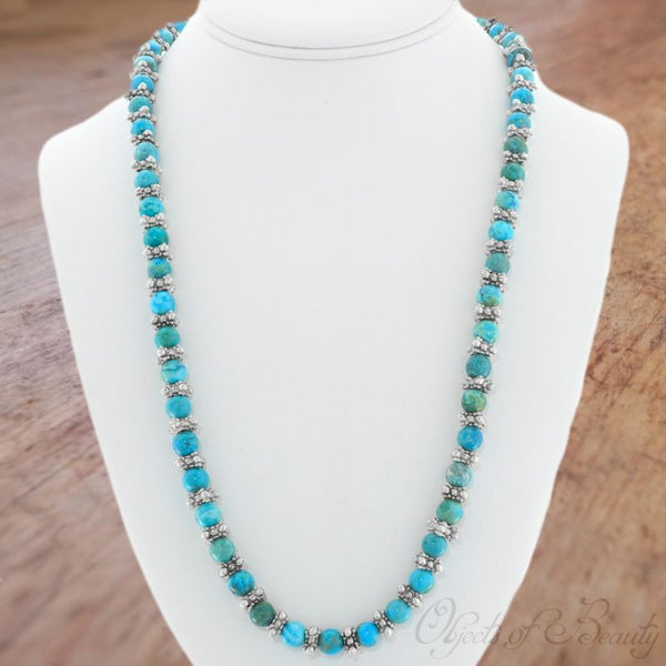 Sonoran Turquoise Disc w Silver Beaded Navajo Necklace