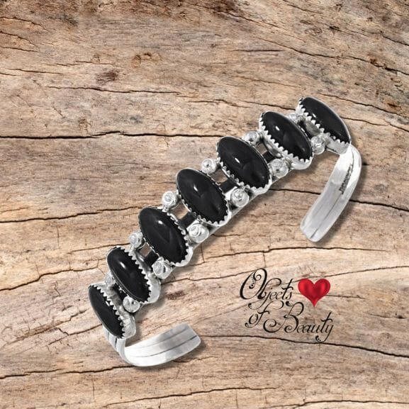 Navajo Onyx Silver Row Cuff Bracelet for Guy or Gal | Yellowstone Spirit Southwestern Collection Onyx Bracelet Navajo 