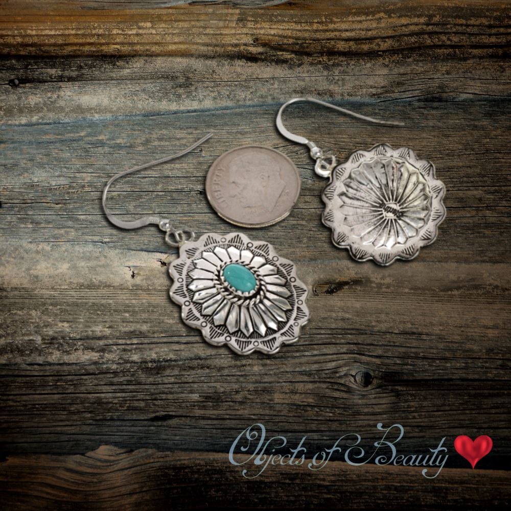 Navajo Silver Star Flower Oval Concho Earrings w Turquoise Stone Earrings Objects of Beauty Southwest 