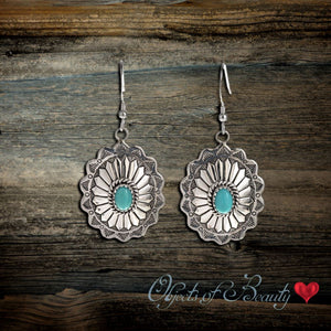 Navajo Silver Star Flower Oval Concho Earrings w Turquoise Stone Earrings Objects of Beauty Southwest 