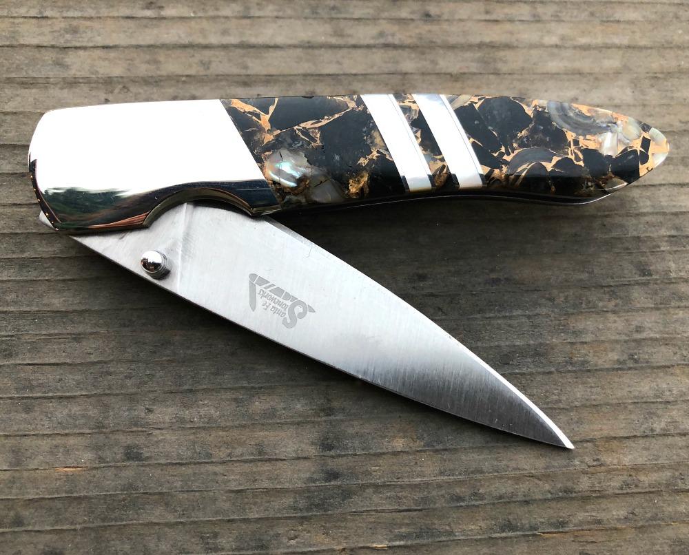 Obsidian 4" Knife with Bronze Matrix | Plain Steel Blade | Santa Fe Stoneworks Knife Objects of Beauty 