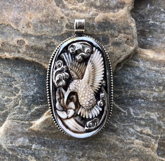 Oval Hummingbird Necklace w Silver Details | Spirit Animal Collection | Yellowstone Carved Necklace Objects of Beauty 
