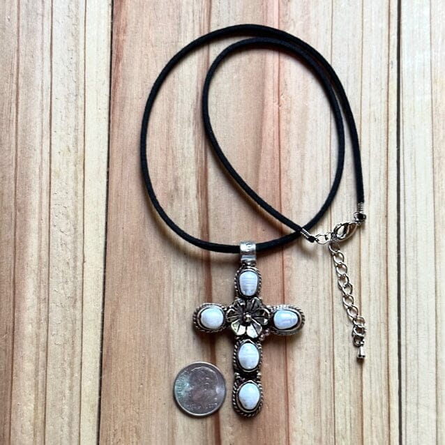 Pearl Studded Cross w Flower Pendant Necklace | Yellowstone Spirit Collection Pendant Necklace Objects of Beauty Southwest 