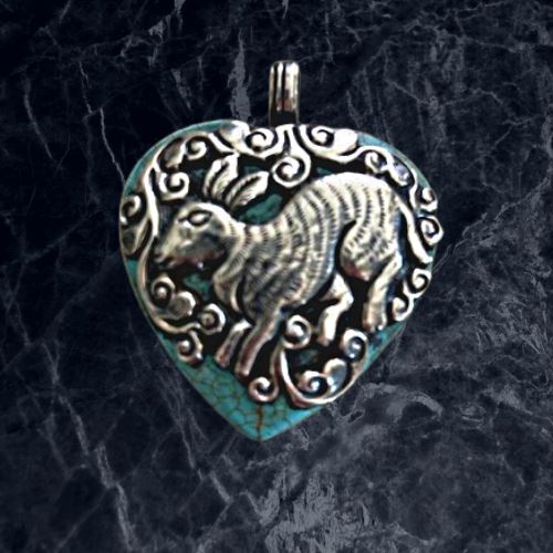Silver Rabbit on Turquoise Heart | Lotus Heart | Spirit Animal Collection Pendant Necklace Objects of Beauty Southwest 