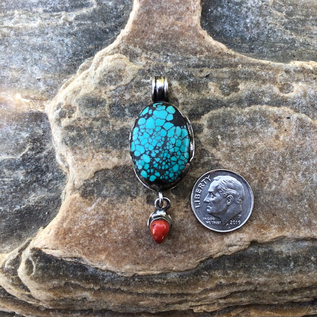 Small Oval Turquoise w/ Spider Matrix and Coral Drop Pendant | Yellowstone Collection Turquoise Necklace Objects of Beauty Southwest 