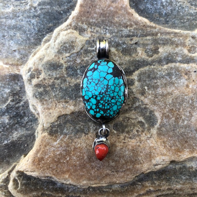 Small Oval Turquoise w/ Spider Matrix and Coral Drop Pendant | Yellowstone Collection Turquoise Necklace Objects of Beauty Southwest 