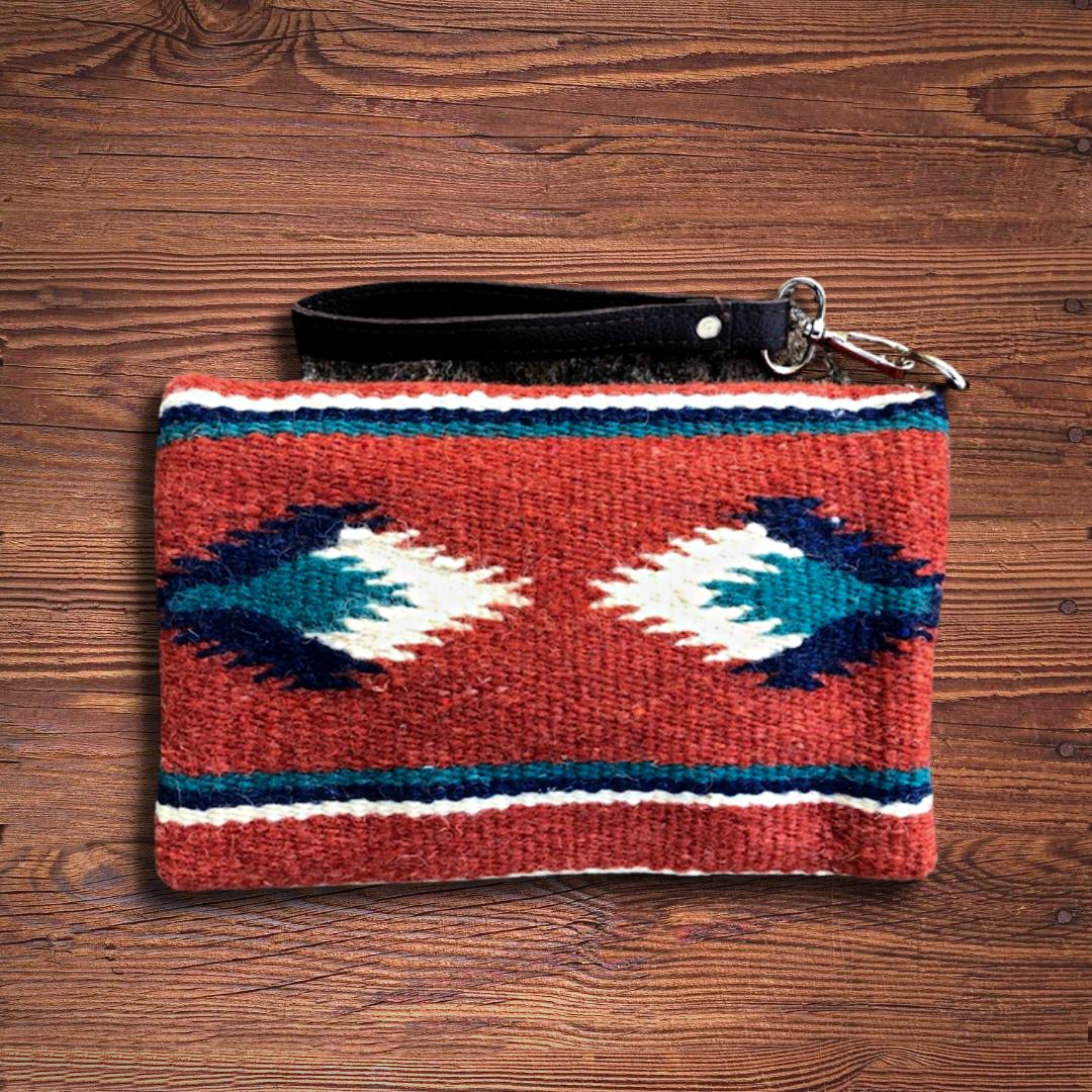 Southwestern Rust Turquoise Wool Wristlet Clutch Purse | Yellowstone Collection Purses and Bags Objects of Beauty Southwest 