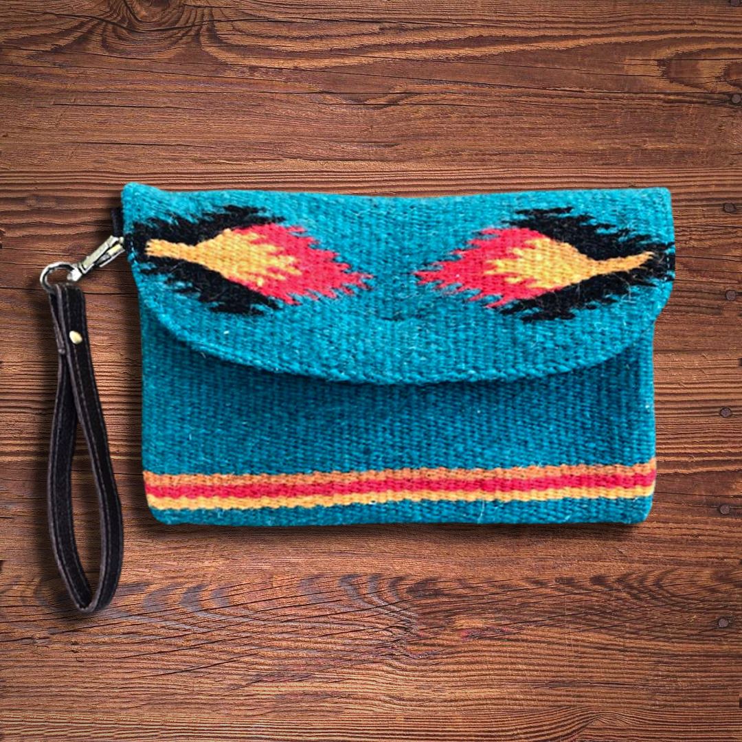 Turquoise Embroidered Cotton Fold Over Clutch Bag
