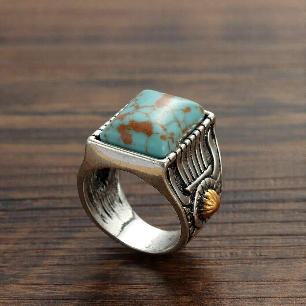 Square Navajo Turquoise Matrix Ring w Native American Silver Gold Shank | Yellowstone Spirit Southwestern Collection