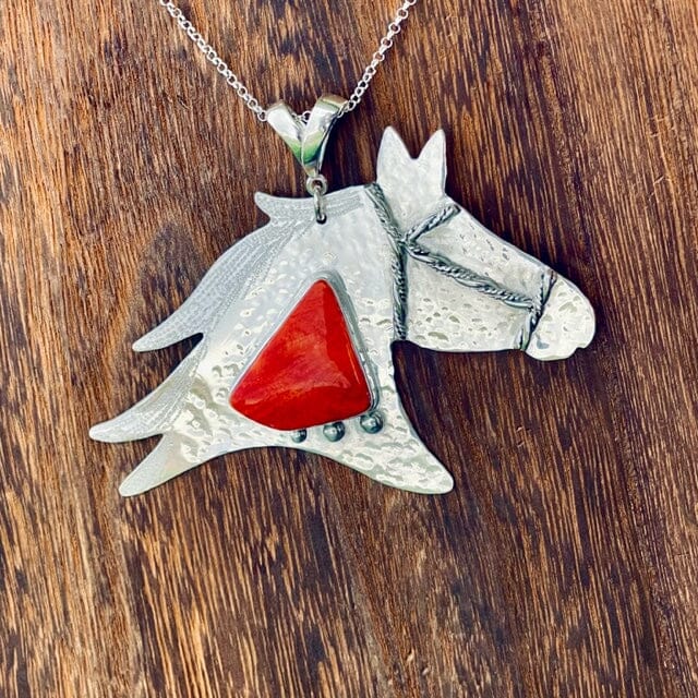 Sterling Horse Head Pendant Necklace w Spiny Oyster Shell & Yellowstone Y | Yellowstone Spirit Southwestern Collection Pendant Necklace Objects of Beauty Southwest 