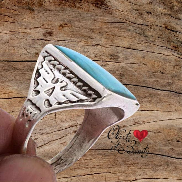 Size 13-925 Sterling Silver Oval Kingman Turquoise Cabochon Ring, fashion Southwestern Thunderbird Design, Statement High Polish Gemstone Band,...