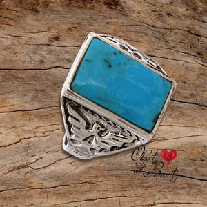 Thunderbird Ring w/ Kingman Turquoise & Sterling | Yellowstone Spirit Southwestern Collection Ring Objects of Beauty Southwest 