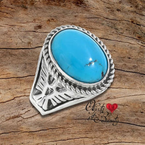 Thunderbird Sterling Ring w Oval Kingman Turquoise Navajo | Yellowstone Spirit Southwestern Collection Objects of Beauty 