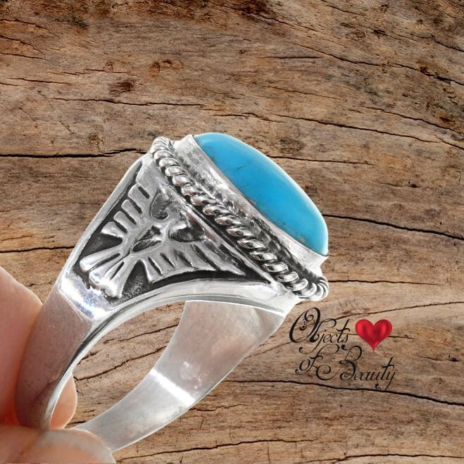 Thunderbird Sterling Ring w Oval Kingman Turquoise Navajo | Yellowstone Spirit Southwestern Collection Objects of Beauty 