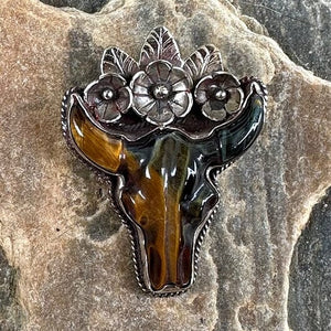 Tiger's Eye Longhorn Carved Pendant Necklace w Floral Detail | Yellowstone Spirit Southwestern Collection Carved Necklace Objects of Beauty Southwest 