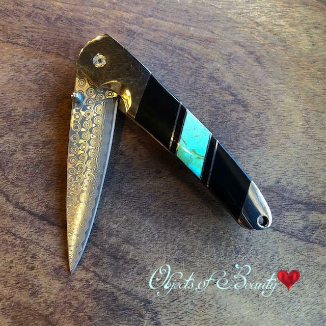 Turquoise and Jet Onyx 4" Liner Lock Damascus Knife | Santa Fe Stoneworks Knives Santa Fe Stoneworks 