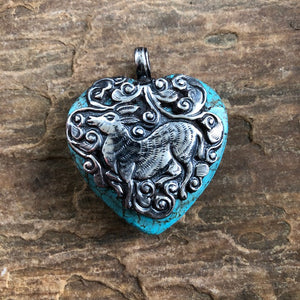 Turquoise Heart w Deer & Lotus Pendant | Spirit Animal Collection | Objects of Beauty | Woman's Deer Necklace  | Yellowstone Spirit Southwestern Collection
