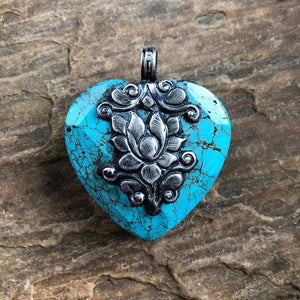 Turquoise Heart w Deer n Lotus | Spirit Animal Collection | Objects of Beauty | Lotus Necklace Totem | Yellowstone Spirit Southwestern Collection | Lotus Turquoise Pendant