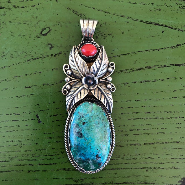 Turquoise Pendant w Coral and Floral Details | Yellowstone Spirit Southwestern Collection  Turquoise Necklace Objects of Beauty 